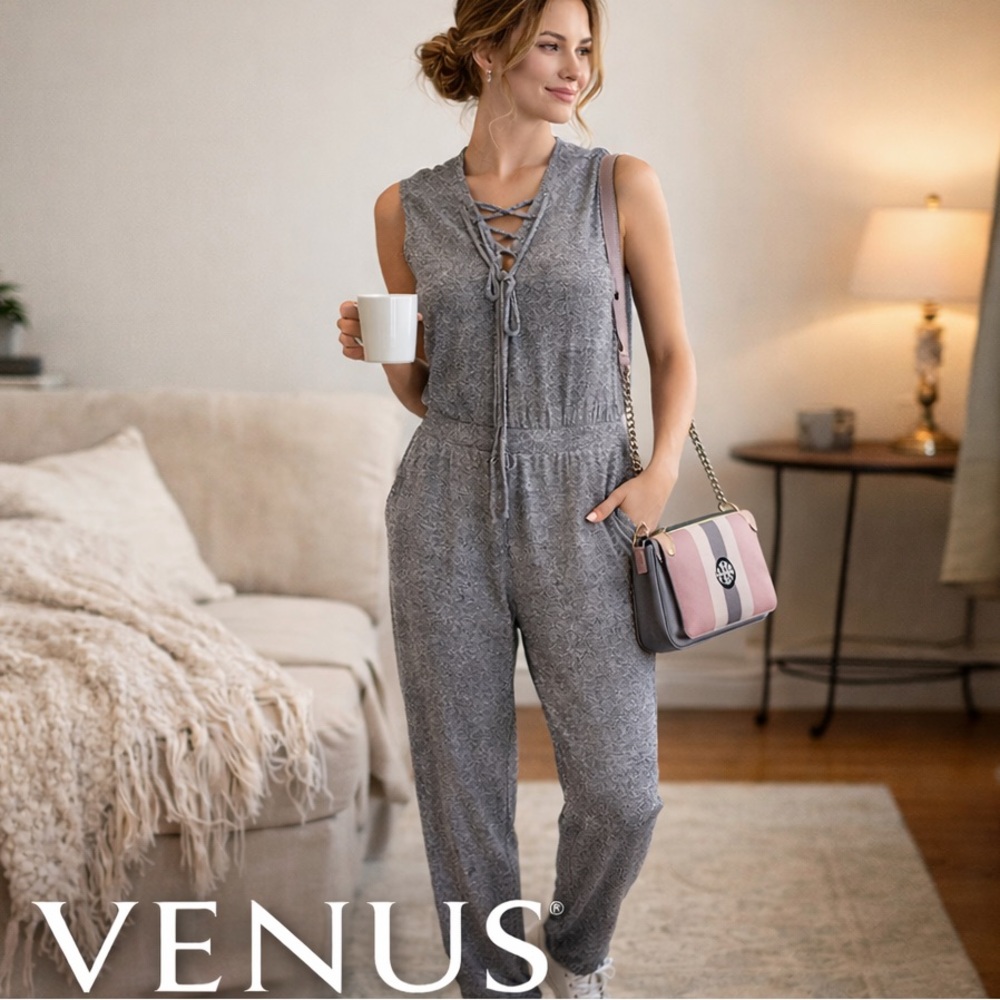 VENUS Gray Knit Lace Up Jumpsuit Stretch Lounge Pocket Athleisure Cozy SIZE M